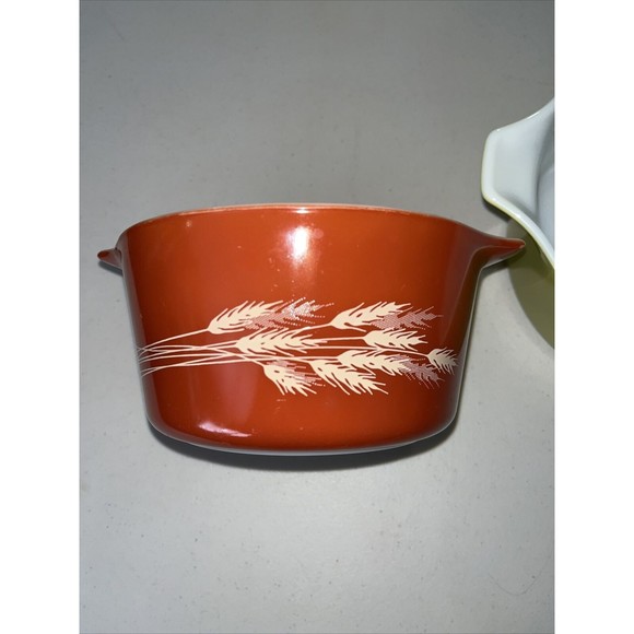 2 Pyrex Harvest Wheat Orange Gold & Avocado Bowl Casserole Dish Handles USA - Picture 1 of 7